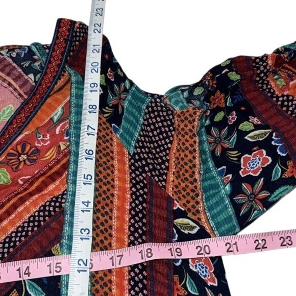 Democracy Womens Boho Floral Patchwork Blouse Top With Tassels V-Neck Multicolor - Picture 9 of 10